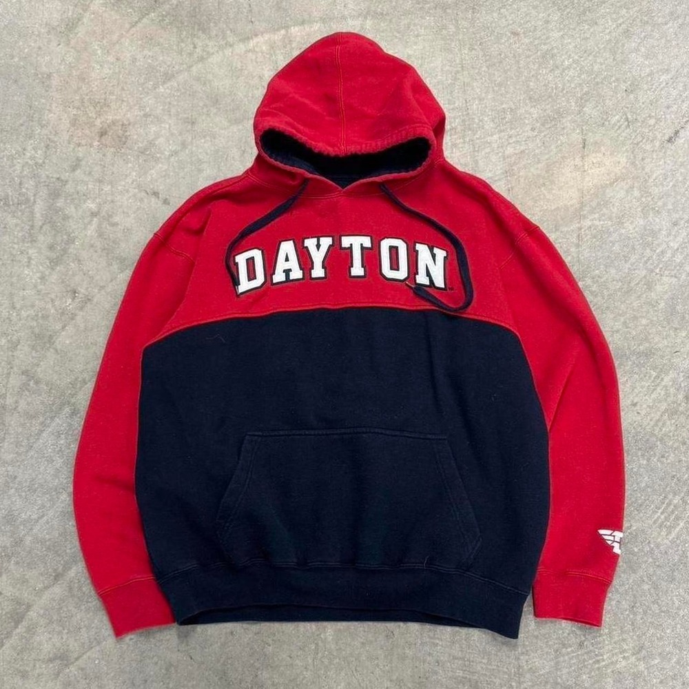 Dayton University Hoodie Sweatshirt Colorblock Spellout Red Navy Blue Large